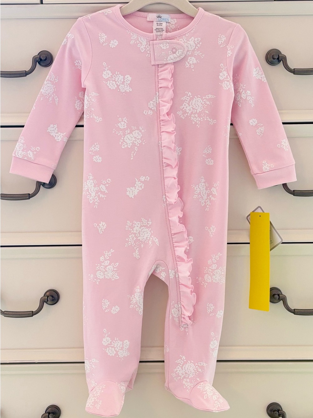 NWT Baby Loren PIMA Light Pink Ruffle Footie w/ White Floral Print 9-12 Months